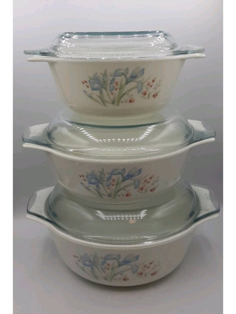 Vintage PYREX England Blue Iris Stacking Casserole Dishes With Lids
